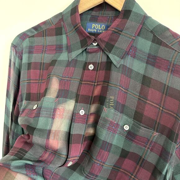 NWT Polo Ralph Lauren Silk Sheer Purple Green Plaid Shirt Blouse Size M - Picture 2 of 10